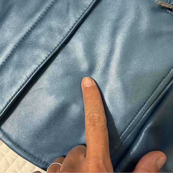 Y2K Metallic Blue Pearl Genuine Leather Blazer Jacket | Size L | Sex & the City - Picture 8 of 10